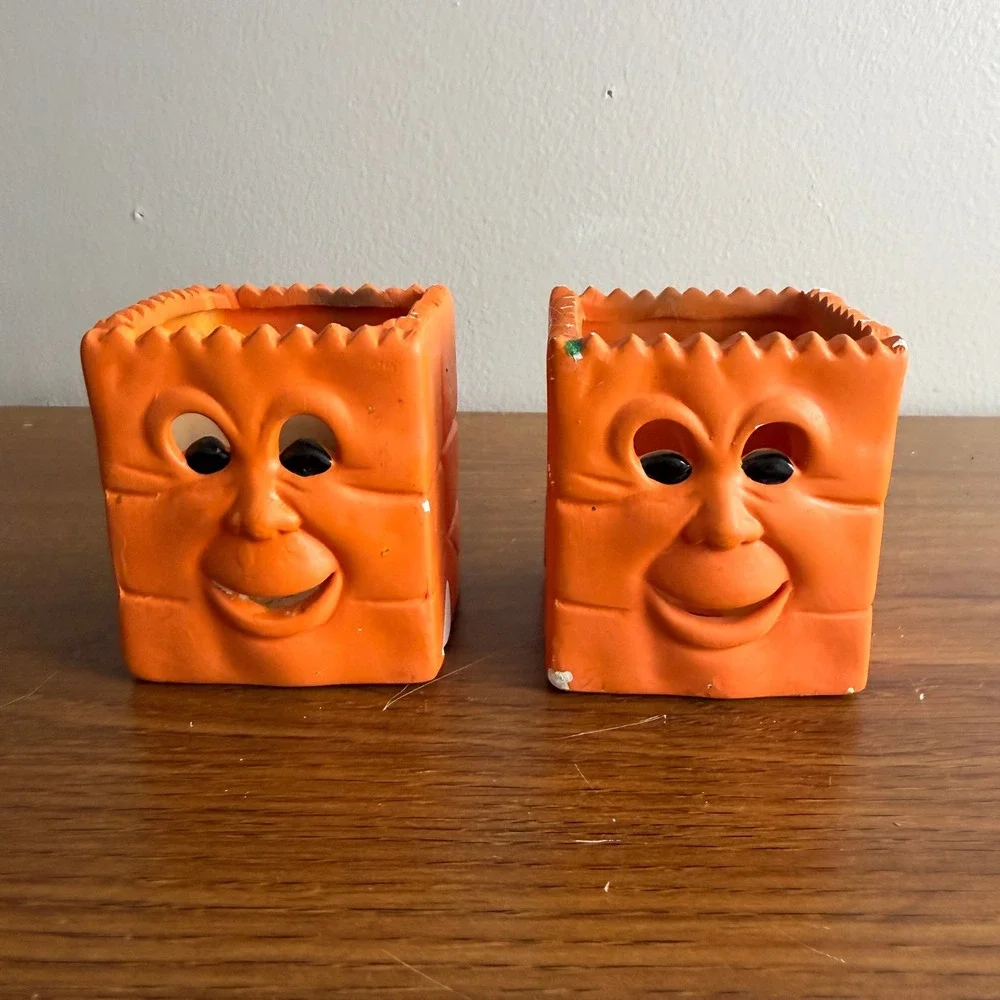 Vintage Robert Alan Halloween Paper Bag Face Ceramic Votive Holders Set 2